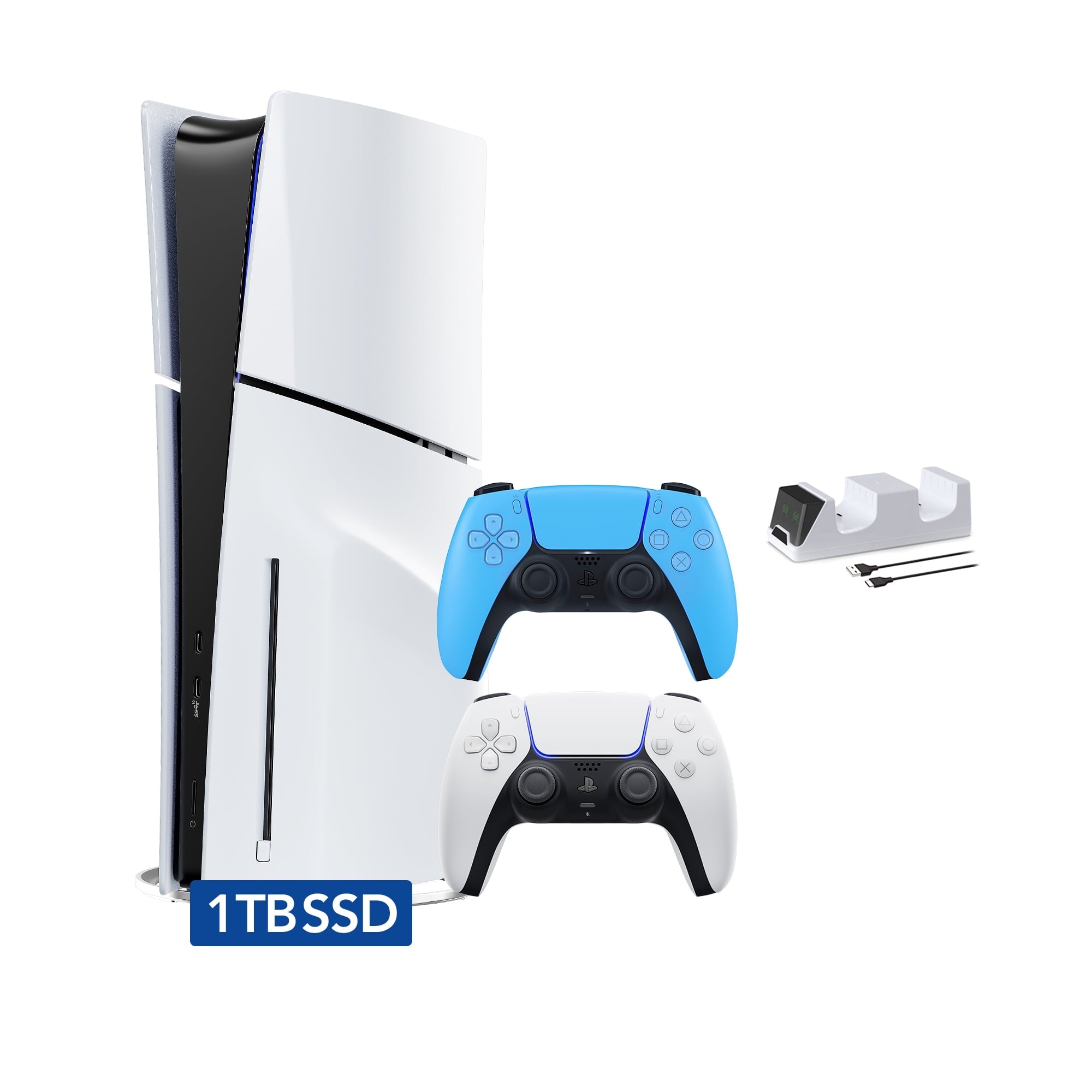PlayStation 5 Slim Disc Edition 1TB SSD with Two Controllers White and Midnight Black DualSense and Mytrix Dual Controller Charger - Region Free PS5 Gaming Console
