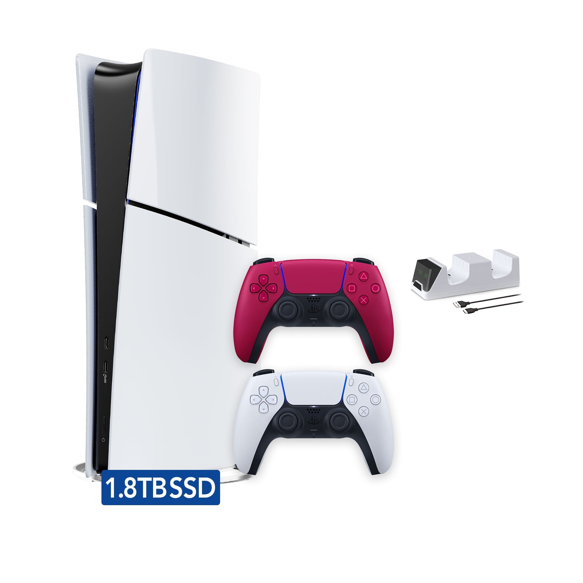 PlayStation 5 Slim Digital 825GB SSD Console with Two Controllers, White and Chroma Teal DualSense and Dual Controller Charger - PS5 Slim Digital Console