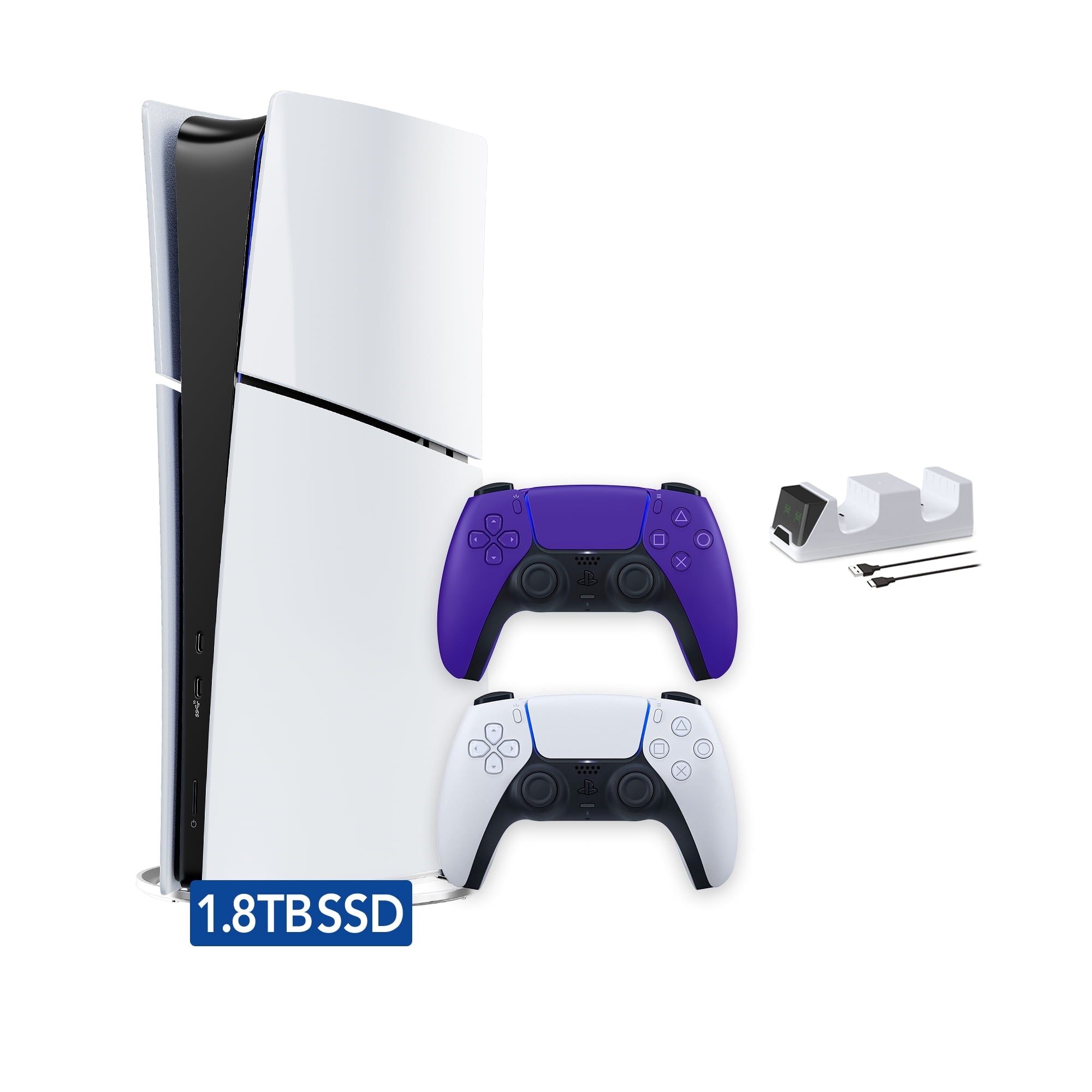 PlayStation 5 Slim Digital 825GB SSD Console with Two Controllers, White and Chroma Teal DualSense and Dual Controller Charger - PS5 Slim Digital Console