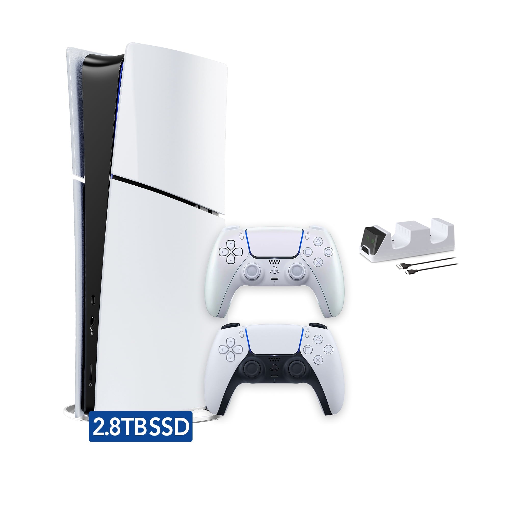 PlayStation 5 Slim Digital 825GB SSD Console with Two Controllers, White and Chroma Teal DualSense and Dual Controller Charger - PS5 Slim Digital Console