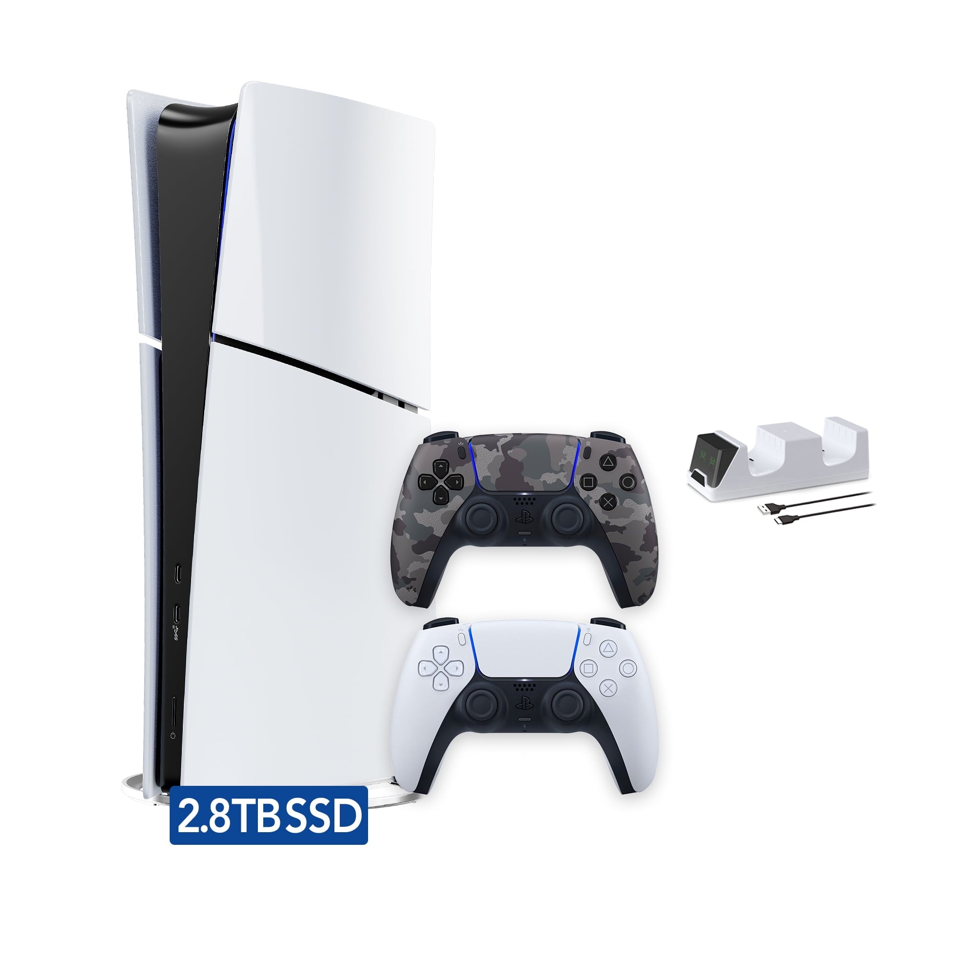 PlayStation 5 Slim Digital 825GB SSD Console with Two Controllers, White and Chroma Teal DualSense and Dual Controller Charger - PS5 Slim Digital Console