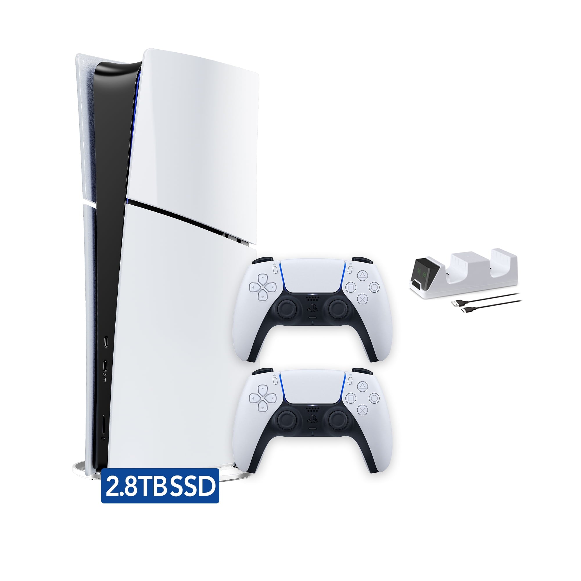 PlayStation 5 Slim Digital 825GB SSD Console with Two Controllers, White and Chroma Teal DualSense and Dual Controller Charger - PS5 Slim Digital Console