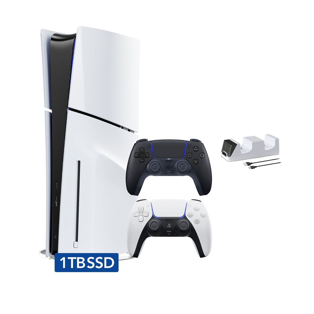 PlayStation 5 Slim Disc Edition 1TB SSD with Two Controllers White and Midnight Black DualSense and Mytrix Dual Controller Charger - Region Free PS5 Gaming Console