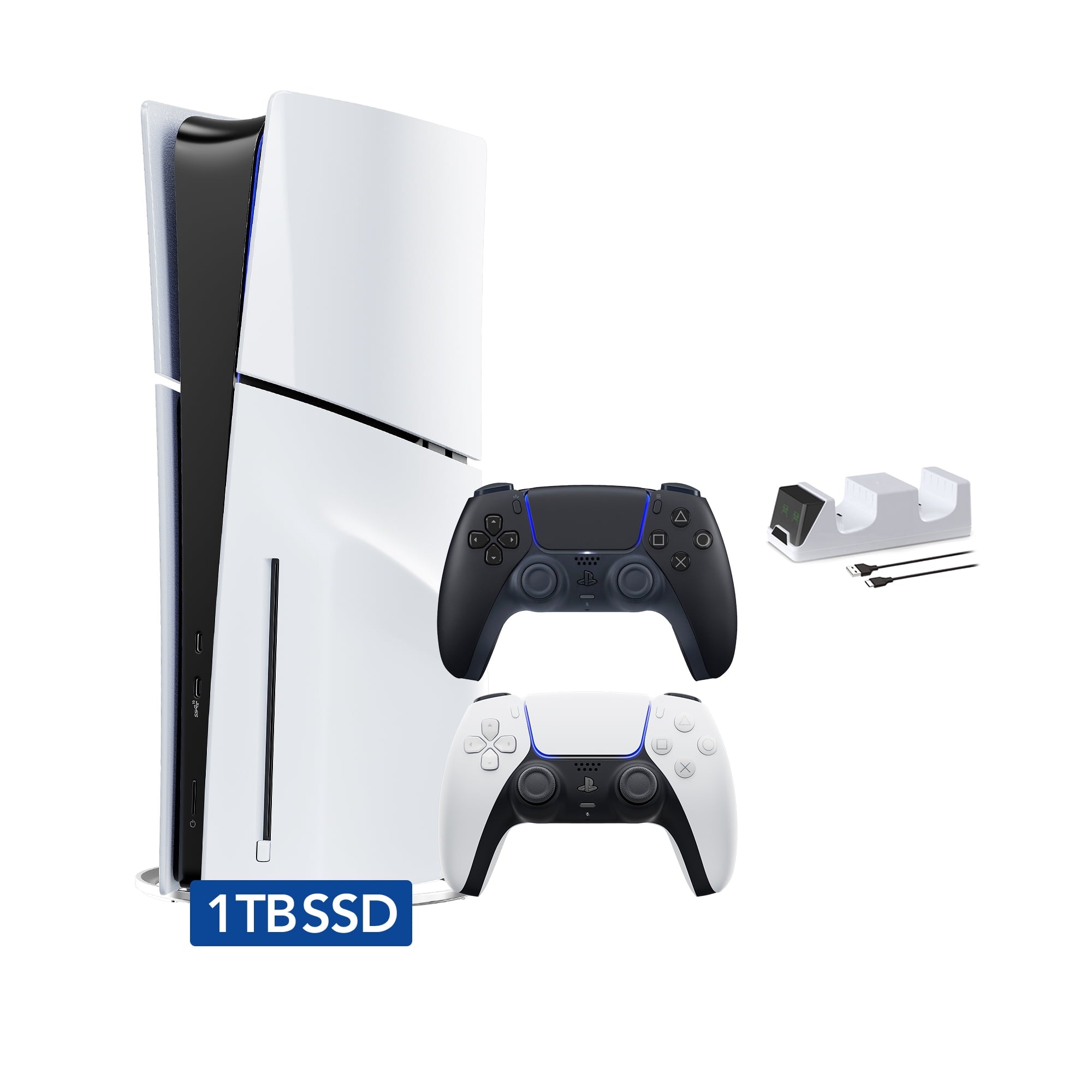 PlayStation 5 Slim Disc Edition 1TB SSD with Two Controllers White and Midnight Black DualSense and Mytrix Dual Controller Charger - Region Free PS5 Gaming Console