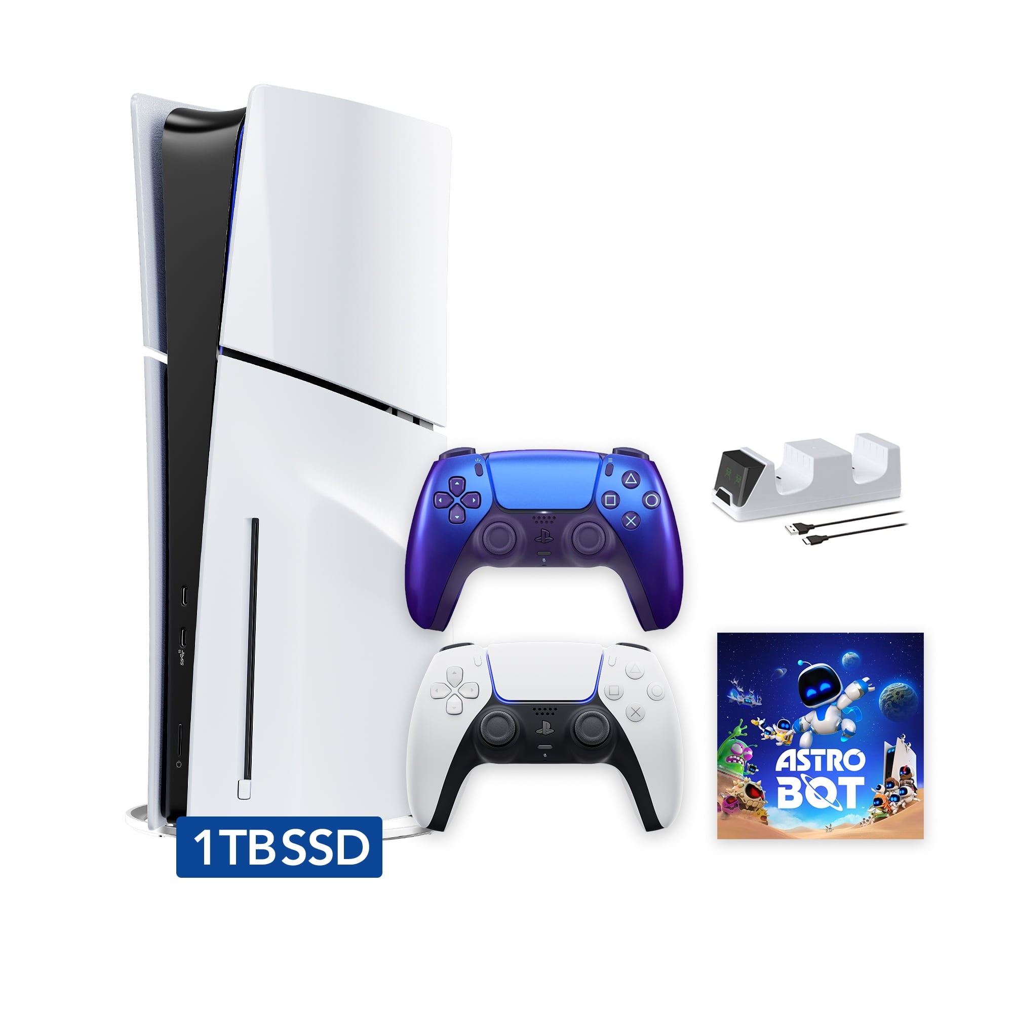 PlayStation 5 Slim Disc 2TB SSD ASTRO BOT Bundle with Two Controllers, White and Cobalt Blue DualSense and Mytrix Dual Controller Charger - PS5 Slim Disc Edition