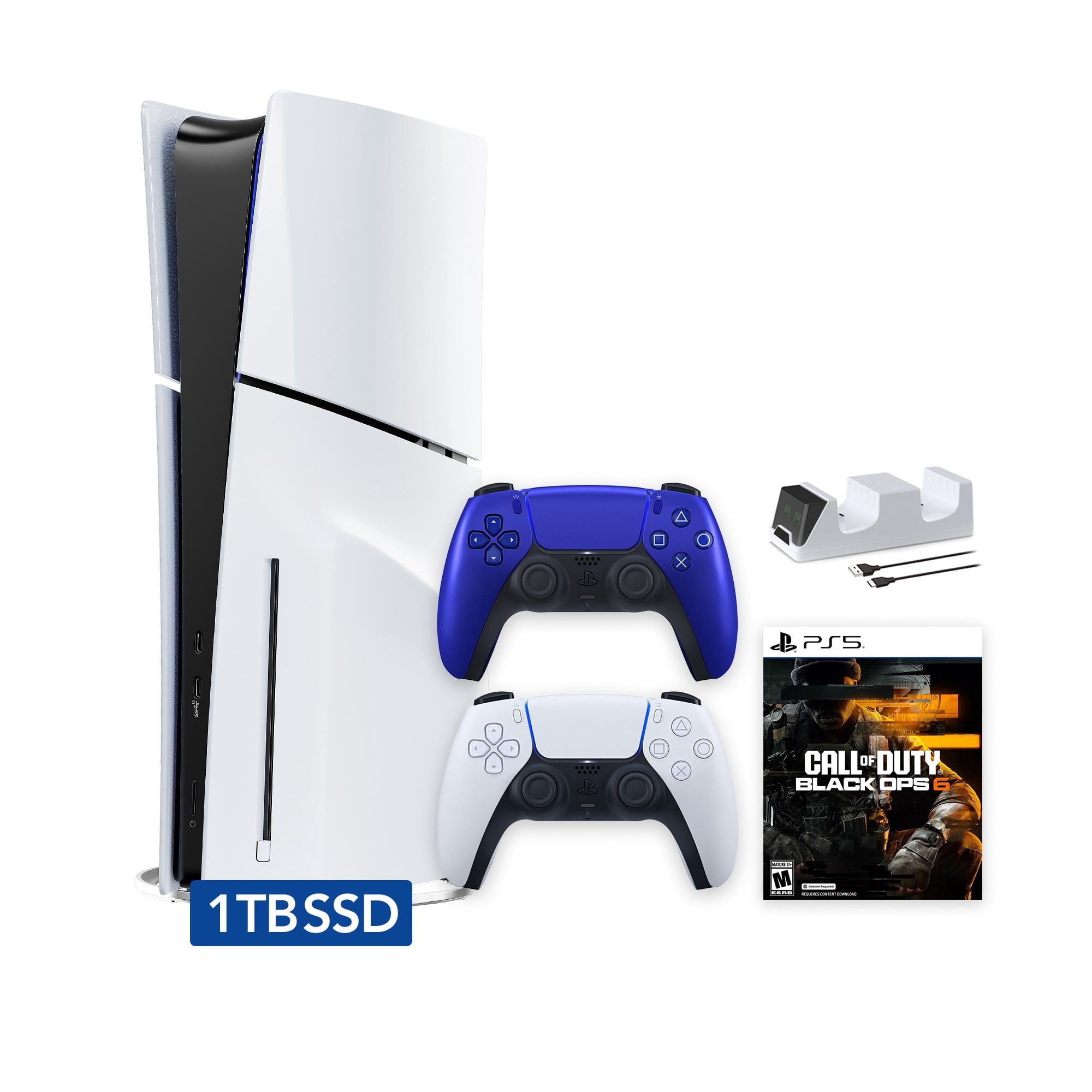 PlayStation 5 Slim Disc 1TB SSD Call of Duty Black Ops 6 Bundle with Two Controllers, White and Gray Camouflage DualSense and Mytrix Dual Controller Charger - PS5 Slim Disc Edition