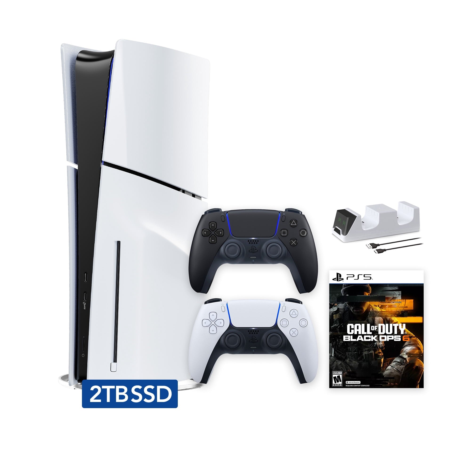 PlayStation 5 Slim Disc 1TB SSD Call of Duty Black Ops 6 Bundle with Two Controllers, White and Gray Camouflage DualSense and Mytrix Dual Controller Charger - PS5 Slim Disc Edition
