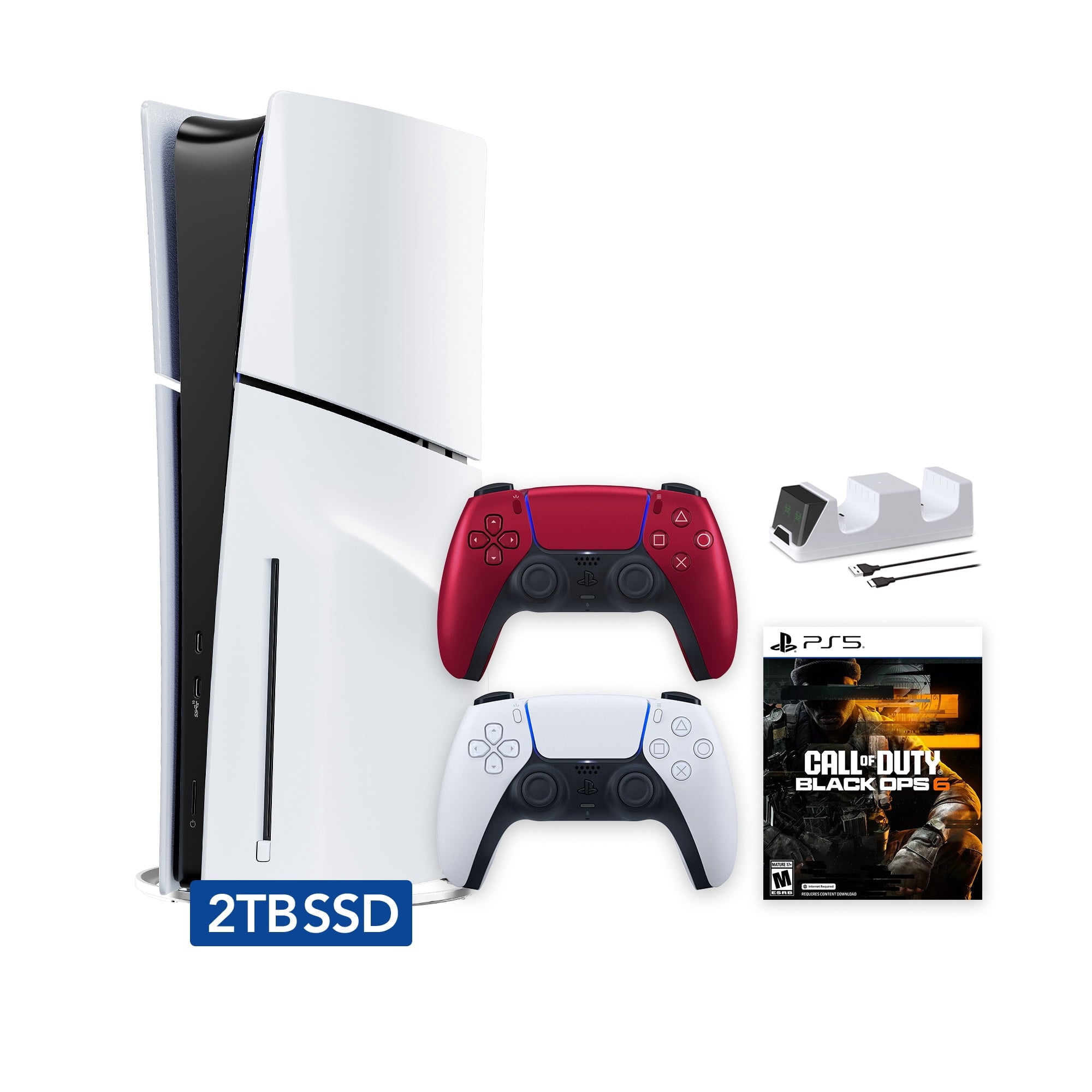 PlayStation 5 Slim Disc 1TB SSD Call of Duty Black Ops 6 Bundle with Two Controllers, White and Gray Camouflage DualSense and Mytrix Dual Controller Charger - PS5 Slim Disc Edition