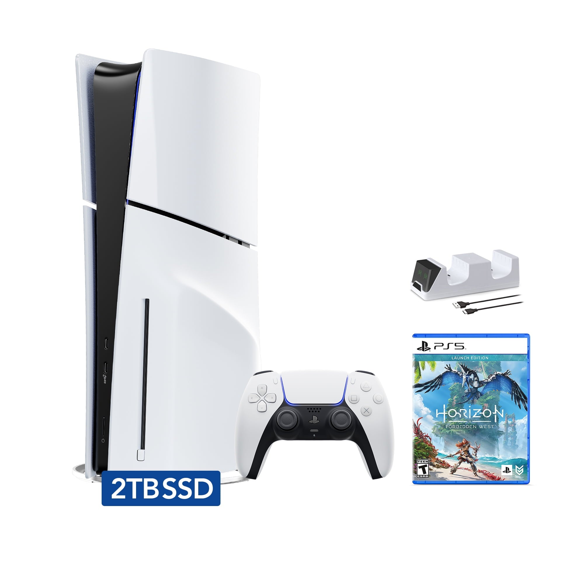 PlayStation 5 Slim Disc Edition Bundle with Gran Turismo 7 and C-Gamers Dual-Controller Charger - PS5, White