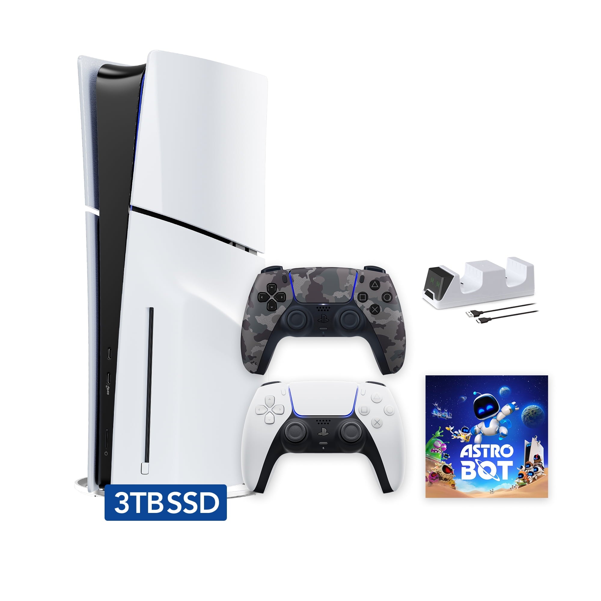 PlayStation 5 Slim Disc 2TB SSD ASTRO BOT Bundle with Two Controllers, White and Cobalt Blue DualSense and Mytrix Dual Controller Charger - PS5 Slim Disc Edition