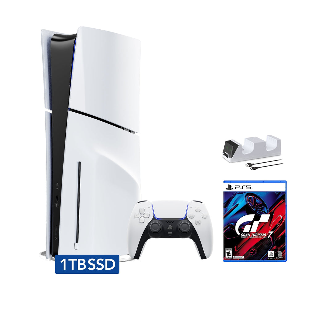 PlayStation 5 Slim Disc Edition Bundle with Gran Turismo 7 and C-Gamers Dual-Controller Charger - PS5, White