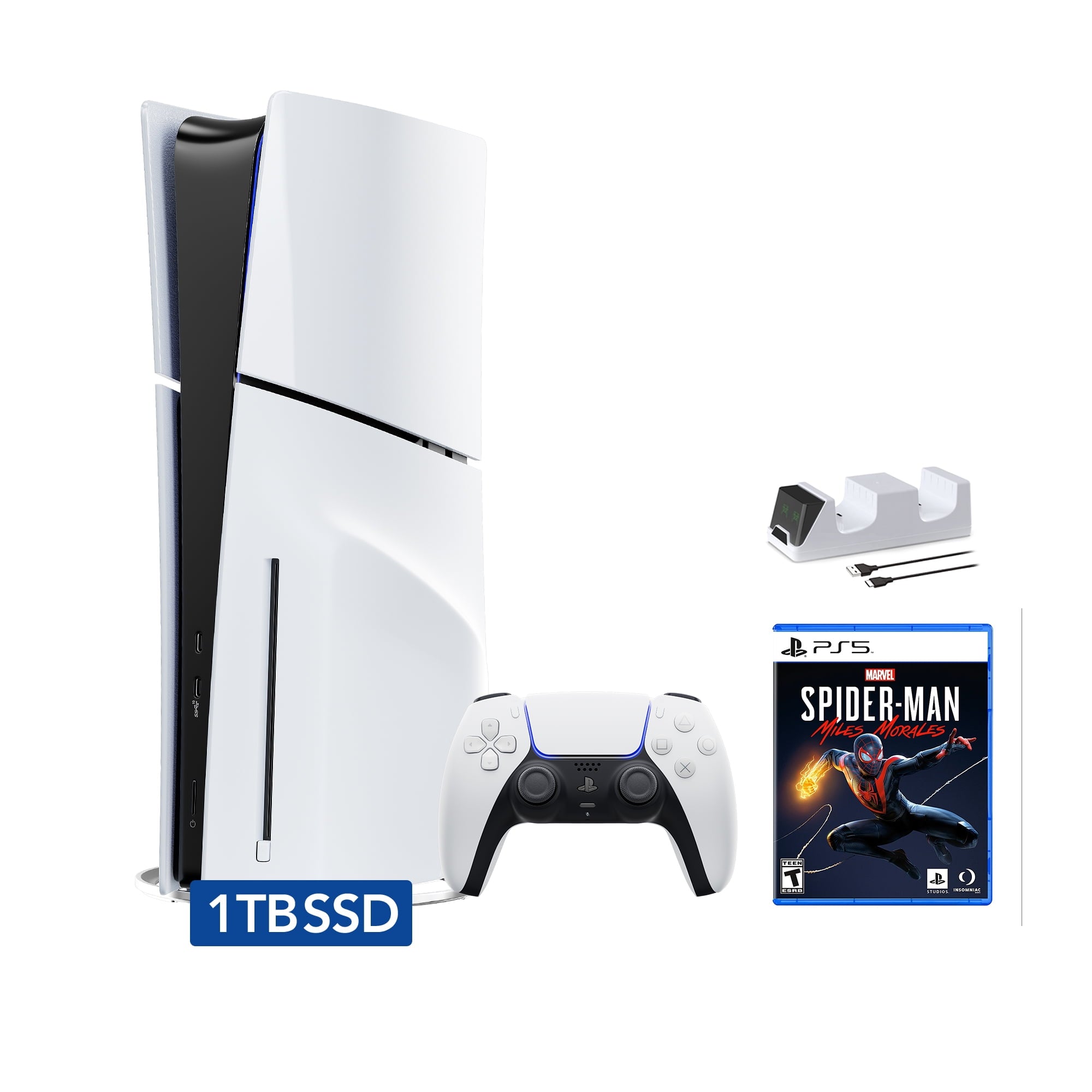 PlayStation 5 Slim Disc Edition Bundle with Gran Turismo 7 and C-Gamers Dual-Controller Charger - PS5, White