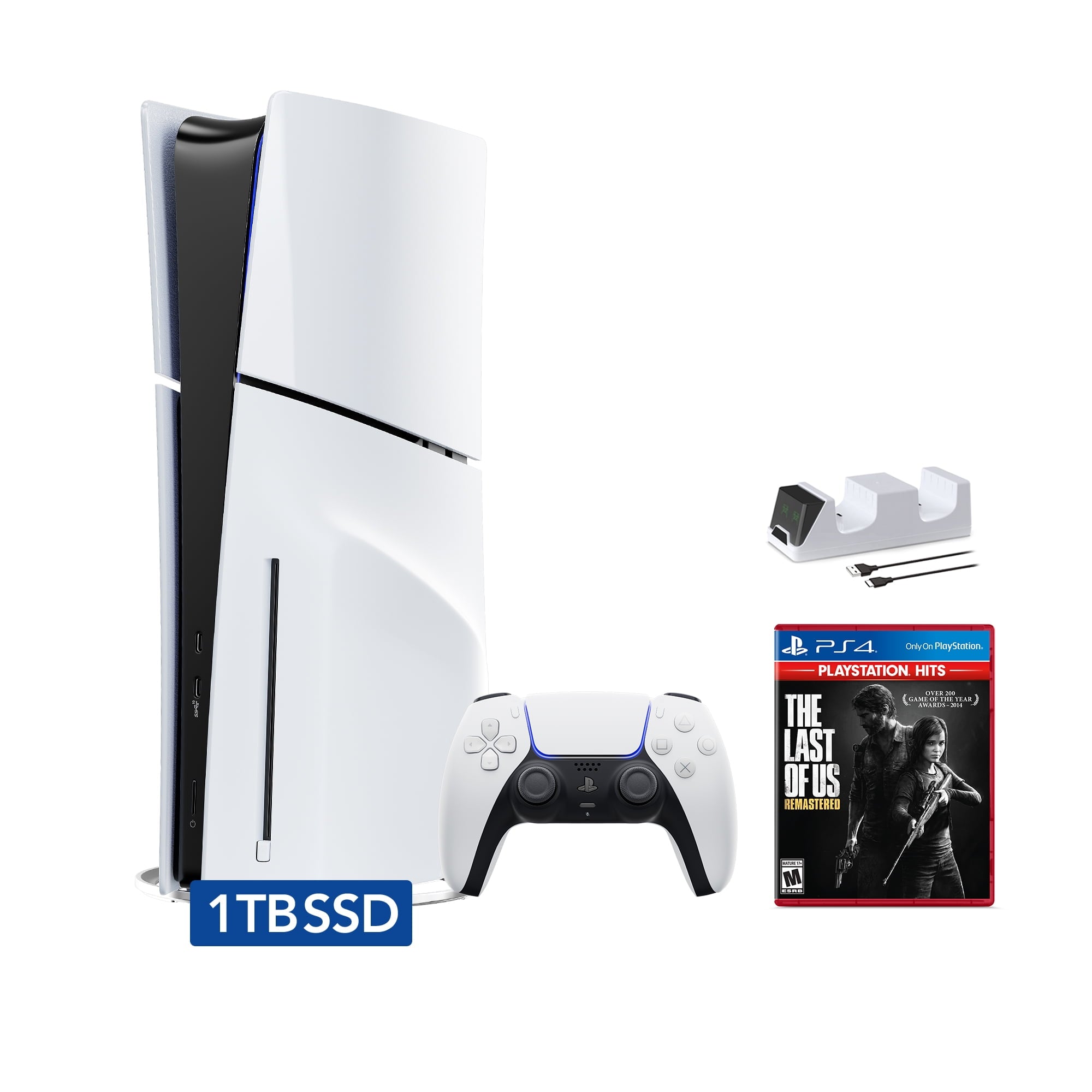 PlayStation 5 Slim Disc Edition Bundle with Gran Turismo 7 and C-Gamers Dual-Controller Charger - PS5, White