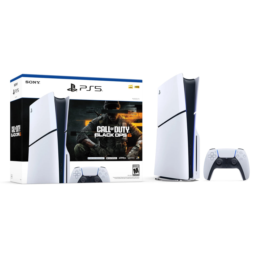 PlayStation 5 Slim Disc 1TB SSD Call of Duty Black Ops 6 Bundle with Two Controllers, White and Gray Camouflage DualSense and Mytrix Dual Controller Charger - PS5 Slim Disc Edition