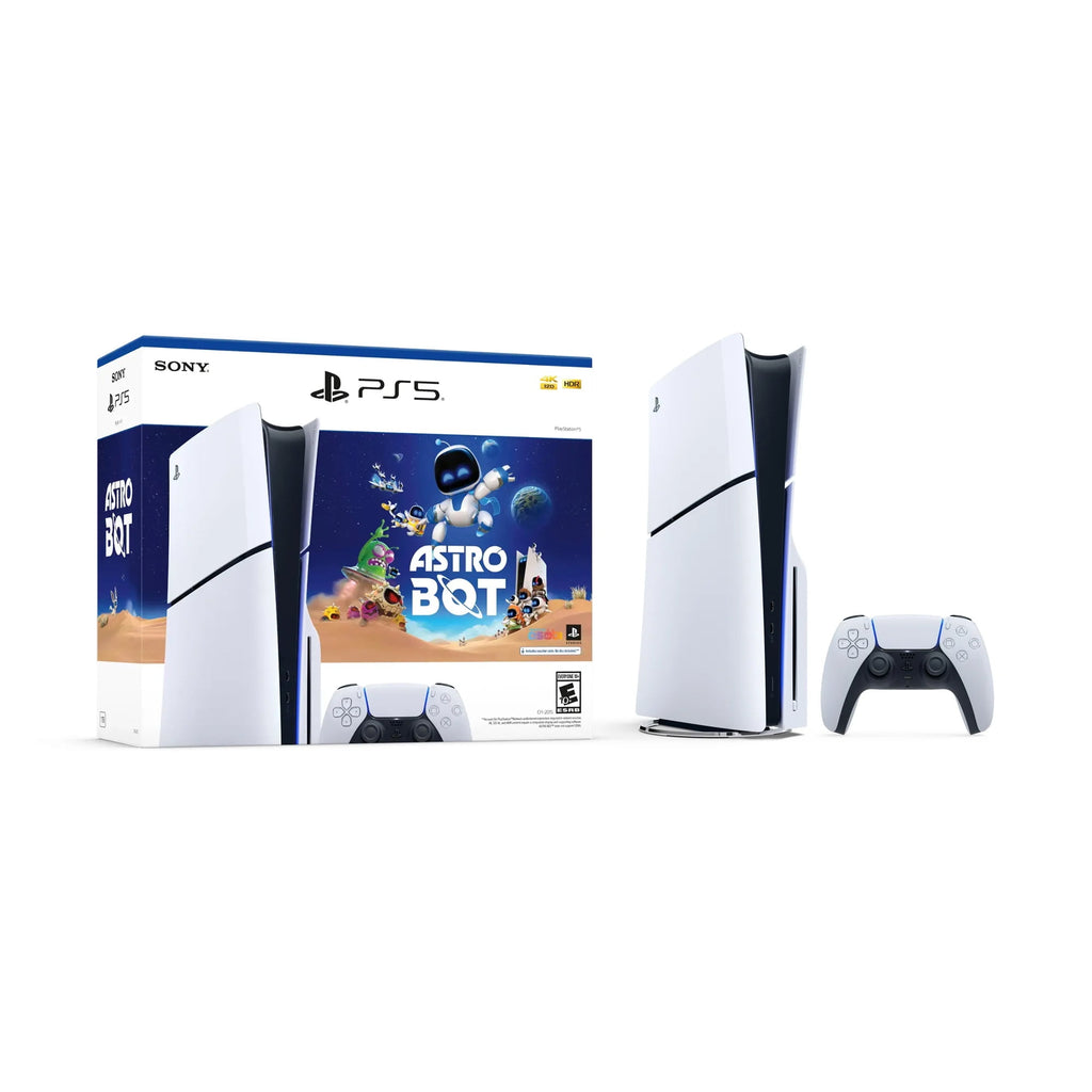 PlayStation 5 Slim Disc 2TB SSD ASTRO BOT Bundle with Two Controllers, White and Cobalt Blue DualSense and Mytrix Dual Controller Charger - PS5 Slim Disc Edition